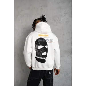 Erkek Maske Baskılı 3 iplik pamuklu Kapüşonlu Sweatshirt hoodie - Beyaz