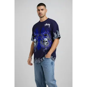 Erkek Lacivert Oversize Tişört Dragon & Kuru Kafa Baskılı Bisiklet Yaka Streetwear T-Shirt - Lacivert