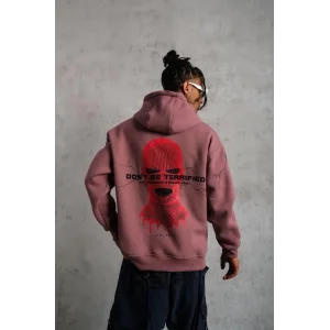 Erkek 3 İplik Pamuklu Kapüşonlu Baskılı Cepli Sweatshirt Hoodie - Gül Kurusu