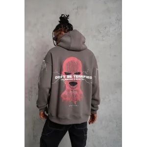 Erkek 3 İplik Pamuklu Kapüşonlu Baskılı Cepli Oversize Sweatshirt Hoodie - Gri
