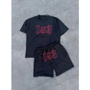 Erkek Nakış İşlemeli Şortlu Kısa kol Alt-Üst Takım - Siyah