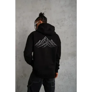 Erkek Nihilist Penguen Baskılı 3 İplik Pamuklu Kapüşonlu Sweatshirt Hoodie Siyah