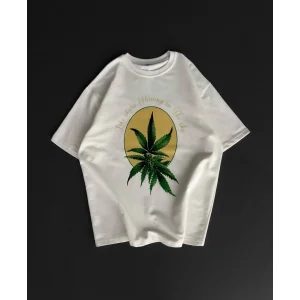 Erkek Kısa Kol Yazlık Tişört Bisiklet Yaka Baskılı Oversize T-Shirt - Beyaz