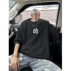 Erkek Kısa Kol Yazlık Tişört Bisiklet Yaka Baskılı Oversize T-Shirt - Siyah