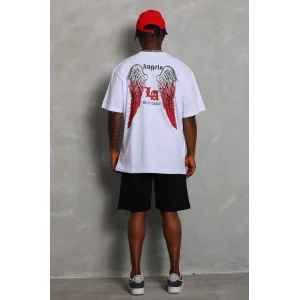 Erkek Kısa Kol Tişört Bisiklet Yaka KANAT Baskılı Oversize T-Shirt - Beyaz
