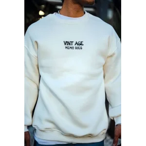 Erkek Bisiklet Yaka 3 İplik pamuklu Baskılı SweatShirt - Beyaz