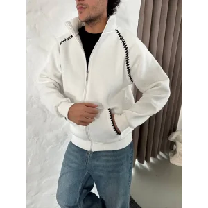 Erkek Oversize Dik Yaka Fermuarlı Sweatshirt - Zincir Nakışli Kanguru Cepli - Beyaz