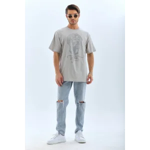 ERKEK Tişört TAŞ Detaylı Bisiklet Yaka  Kısa kol T-Shirt - Gri