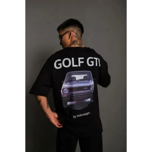 Erkek Oversize Tişört Golf GTI Retro Araba Baskılı T-shirt - Siyah