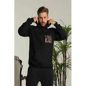 Erkek 3 İplik Pamuklu Kapüşonlu Baskılı Cepli Oversize Sweatshirt Hoodie - Siyah