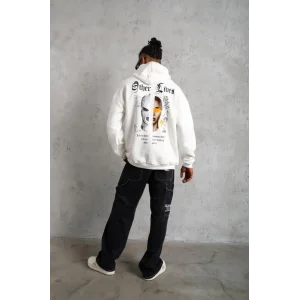 Erkek Kapüşonlu Kanguru Cepli Sweatshirt 3 İplik Pamuklu Baskılı Hoodie - Beyaz