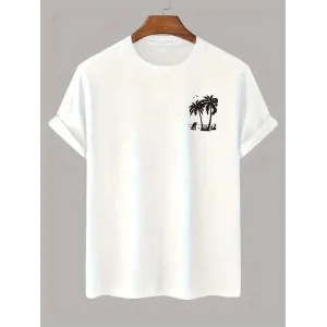 Erkek Tişört Palmiye Baskılı Bisiklet Yaka Kısa Kol T-Shirt - Beyaz