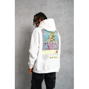 Erkek 3 İplik Pamuklu Kapüşonlu Baskılı Cepli Oversize Sweatshirt Hoodie - Beyaz