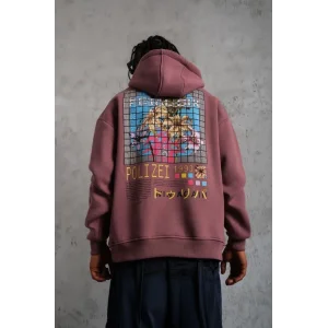 Erkek 3 İplik Pamuklu Kapüşonlu Baskılı Cepli Oversize Sweatshirt Hoodie - Gül Kurusu