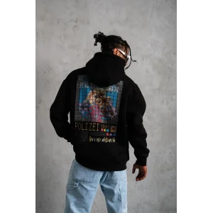 Erkek 3 İplik Pamuklu Kapüşonlu Baskılı Cepli Oversize Sweatshirt Hoodie - Siyah