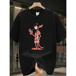 Erkek T-Shirt Pembe Panter Baskılı Kısa Kollu Tişört - Siyah
