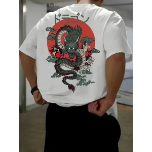 Erkek Tişört Penye Compack Ejder Baskılı Bisiklet Yaka T-shirt - Beyaz