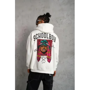 Erkek 3 İplik Pamuklu Kapüşonlu Baskılı Cepli Oversize Sweatshirt Hoodie - Beyaz
