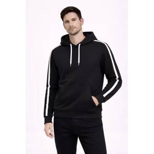 Erkek Şeritli Kapüşonlu Sweatshirt Oversize 3 iplik Pamuklu Hoodei - Siyah