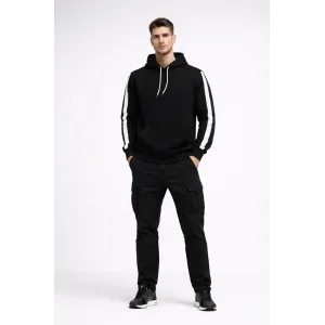 Erkek Şeritli Kapüşonlu Sweatshirt Oversize 3 iplik Pamuklu - Siyah