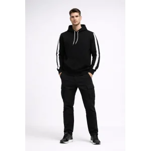 Erkek Şeritli Kapüşonlu Sweatshirt Oversize 3 iplik Pamuklu Hoodie - Siyah