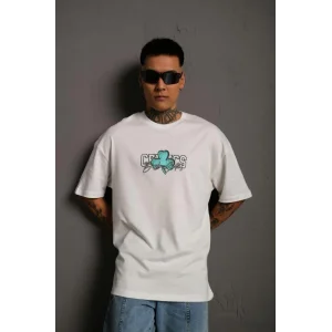 Erkek Kısa Kol Yazlık Tişört Bisiklet Yaka Baskılı Oversize T-Shirt - Beyaz