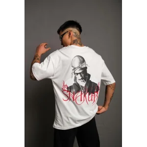 Erkek Sırt Baskılı Oversize T-Shirt - Beyaz