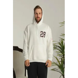 Erkek 3 İplik Pamuklu Kapüşonlu Baskılı Cepli Oversize Sweatshirt Hoodie - Beyaz