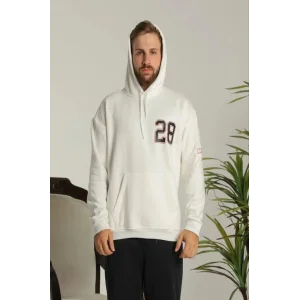 Erkek Sırt Baskılı Oversize Üç İplik Kapüşonlu Sweatshirt - Beyaz