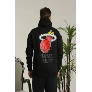 Erkek 3 İplik Pamuklu Kapüşonlu Baskılı Cepli Oversize Sweatshirt Hoodie - Siyah