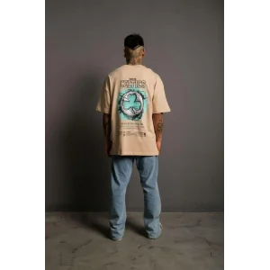 Erkek Kısa Kol Yazlık Tişört Bisiklet Yaka Baskılı Oversize T-Shirt - Bej