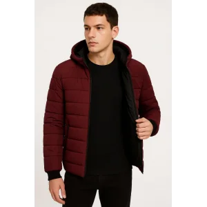 Erkek Şişme Kapüşonlu Fermuarlı Mont Su itici Kapitone Astarlı Kumaş Cepli Kışlık Rahat Kalıp - Bordo