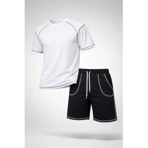 Erkek Spor Tişört Şort Takım Kontrast Dikiş Detaylı Ovarsize rahat kalıp - Beyaz