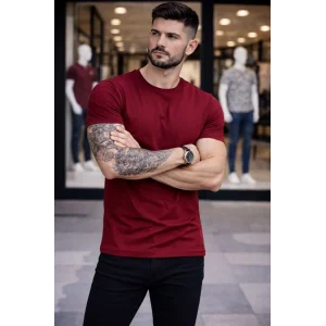 Erkek T-Shirt Bisiklet Yaka Slim Fit dar kesim Likralı Tişört Günlük Basic Body - Bordo