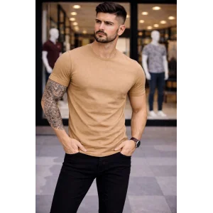 Erkek T-Shirt Bisiklet Yaka Slim Fit dar kesim Likralı Tişört Günlük Basic Body - Kahverengi
