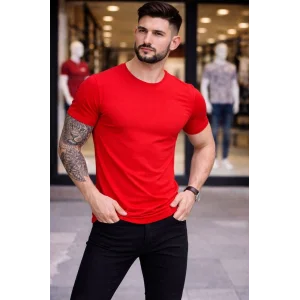 Erkek T-Shirt Bisiklet Yaka Slim Fit dar kesim Likralı Tişört Günlük Basic Body - Kırmızı