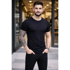 Erkek T-Shirt Bisiklet Yaka Slim Fit dar kesim Likralı Tişört Günlük Basic Body - Siyah