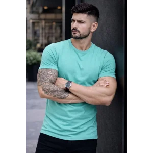 Erkek T-Shirt Bisiklet Yaka Slim Fit dar kesim Likralı Tişört Günlük Basic Body - Turkuvaz