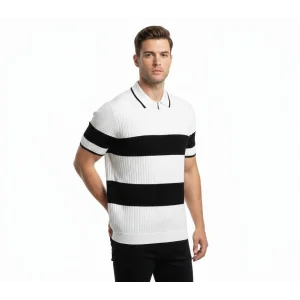 Erkek T-shirt Çizgili Triko Dokuma Kumaş Polo Yaka Yarım Fermuarlı Regular Kalıp Tişört - Beyaz