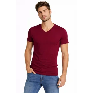 Erkek T-Shirt V Yaka Slim Fit dar kesim Likralı Tişört Günlük Basic Body - Bordo