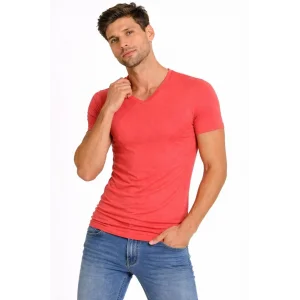 Erkek T-Shirt V Yaka Slim Fit dar kesim Likralı Tişört Günlük Basic Body - Nar Çiçeği