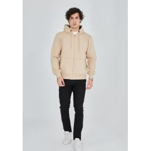 Erkek 3 İplik Pamuklu Kapüşonlu Tam Fermuarlı Cepli Hoodie Sweatshirt - Bej