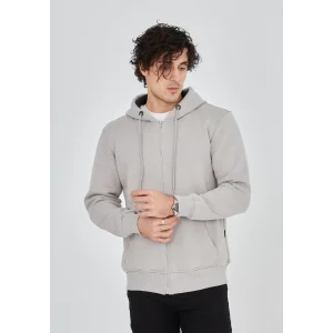 Erkek 3 İplik Pamuklu Kapüşonlu Tam Fermuarlı Cepli Hoodie Sweatshirt - Boyalı Gri