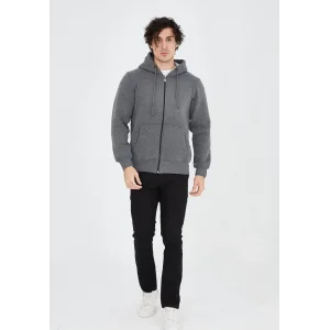 Erkek 3 İplik Pamuklu Kapüşonlu Tam Fermuarlı Cepli Hoodie Sweatshirt - Füme