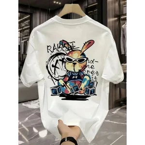 Erkek T-shirt Tavşan Baskılı Kısa Kollu Tişört - Beyaz