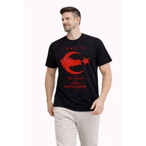 Erkek TÜRKİYE Ay Yıldız Baskılı Taraftar Forma T-Shirt - Siyah