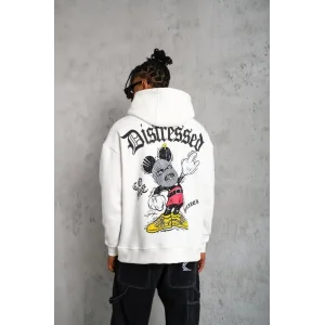 Erkek 3 İplik Pamuklu Kapüşonlu Baskılı Cepli Oversize Sweatshirt Hoodie - Beyaz