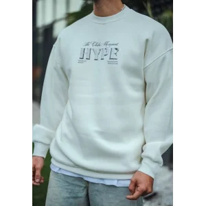 Erkek 3 İplik Pamuklu Bisiklet Yaka Baskılı SweatShirt - Beyaz