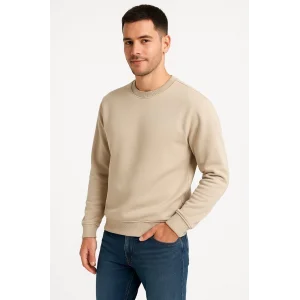 Erkek Üç İplik Düz Bisiklet Yaka SweatShirt - Bej