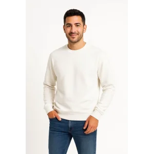 Erkek 3 İplik Pamuklu Düz Bisiklet Yaka SweatShirt - Beyaz